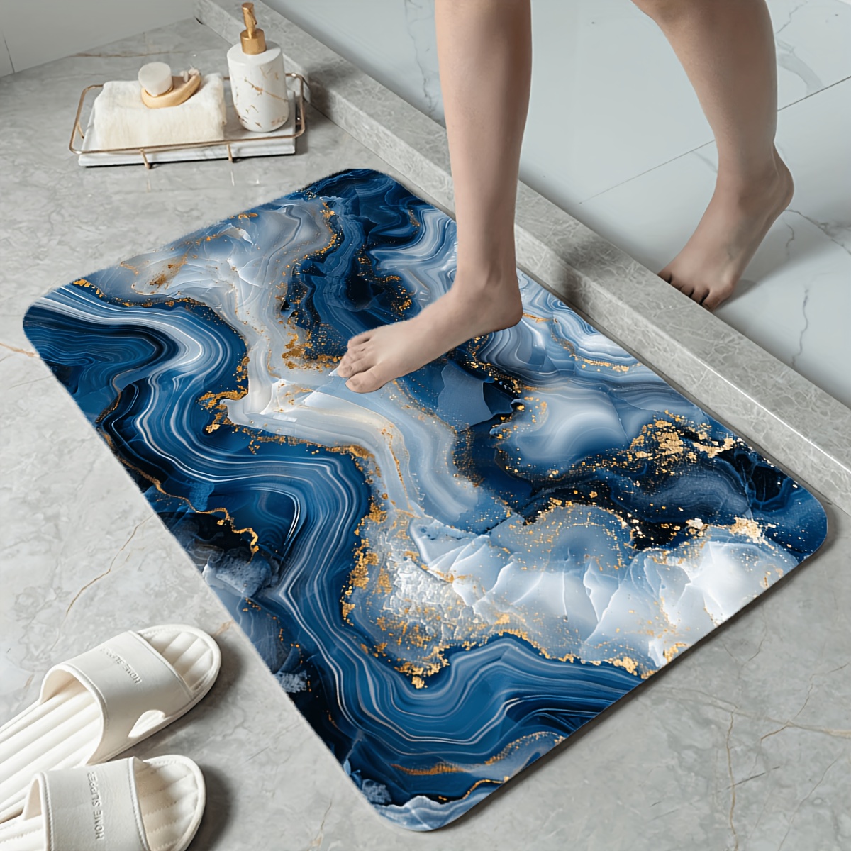Printed Rug Abstract - Keset Kamar Mandi Motif Marmer Biru